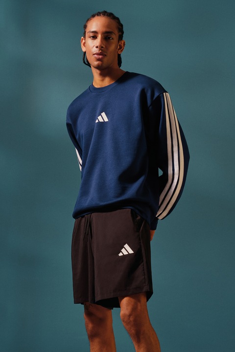 adidas Sportswear, Bluza de trening din amestec de bumbac cu detaliu monograma, Alb/Albastru inchis