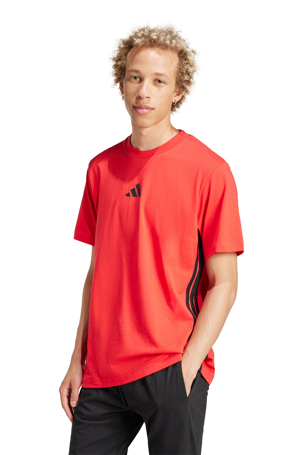 adidas Sportswear, Tricou din bumbac cu decolteu la baza gatului si logo, Negru, Portocaliu mandarina, L