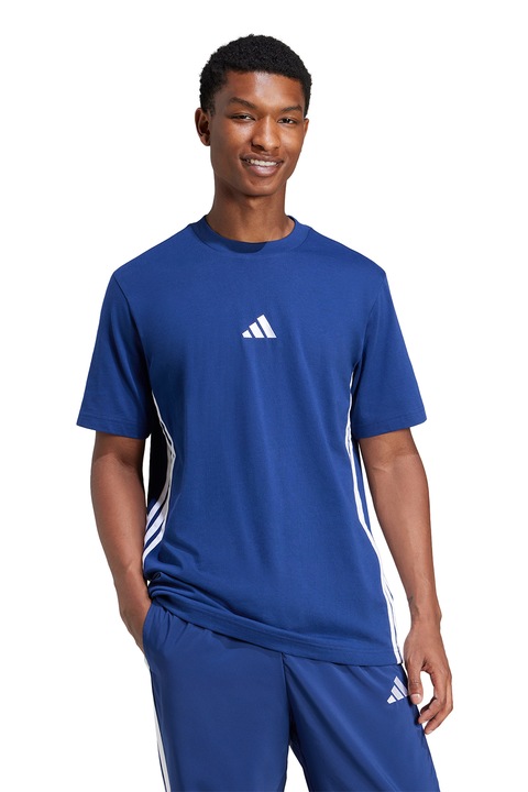 adidas Sportswear, Памучна тениска с овално деколте, Бял/Тъмносин