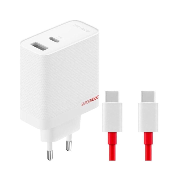 OnePlus SUPERVOOC зарядно устройство, 120 W Dual Ports GaN адаптер, включен USB C кабел, 1x USB A + 1x USB C