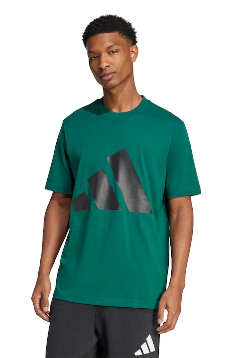 adidas Sportswear, Tricou cu decolteu la baza gatului si imprimeu logo, Negru/Verde englez