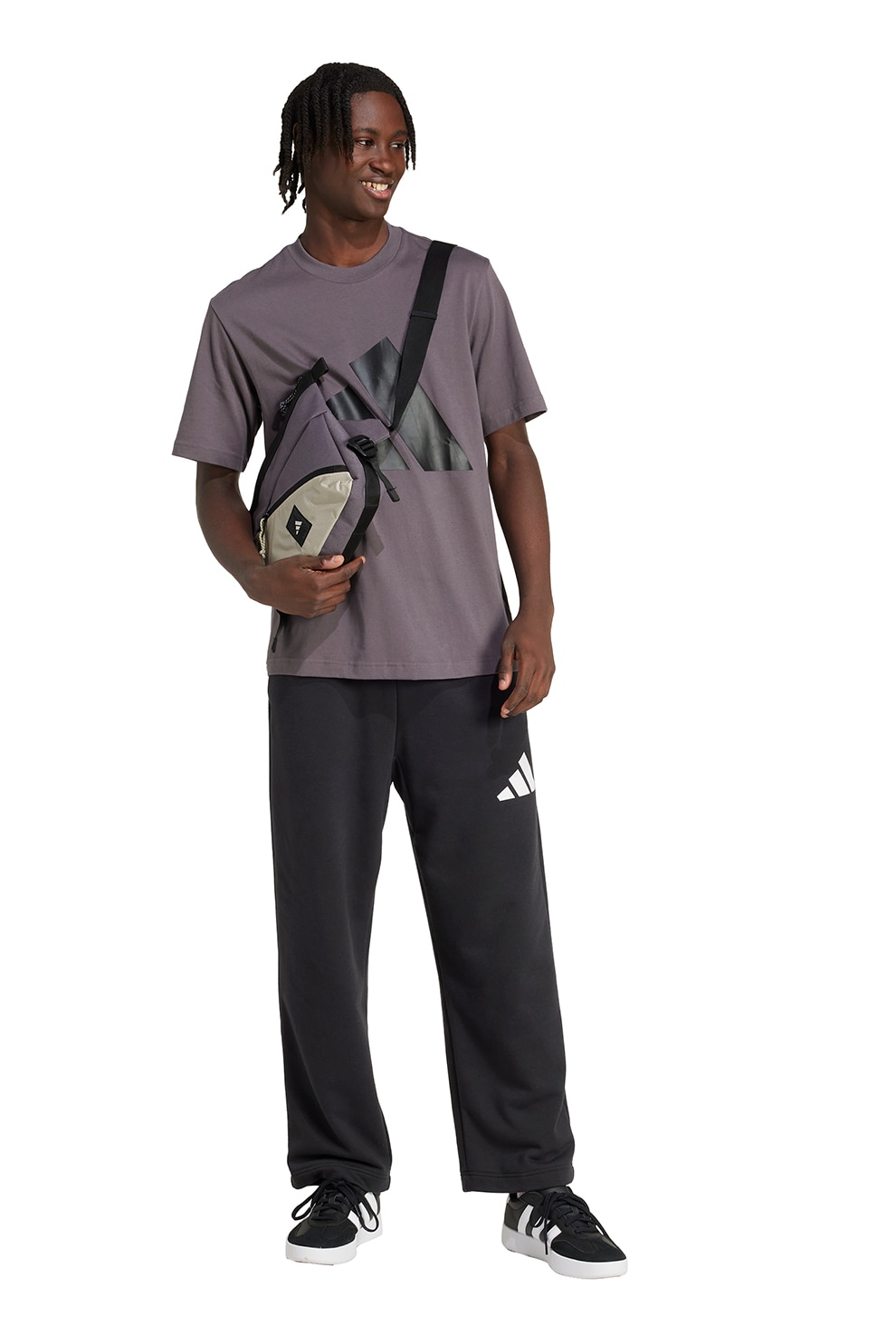 adidas Sportswear, Tricou cu decolteu la baza gatului si imprimeu logo, Negru, Violet prafuit, S