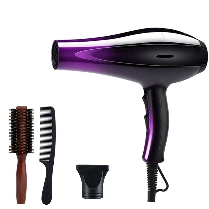 Комплект от 4 части, пет скорости, регулируеми 2000 сила на вятъра овлажняващи отрицателни йони хладен лилав сешоар 1 брой + 1 накрайник + 2 гребена