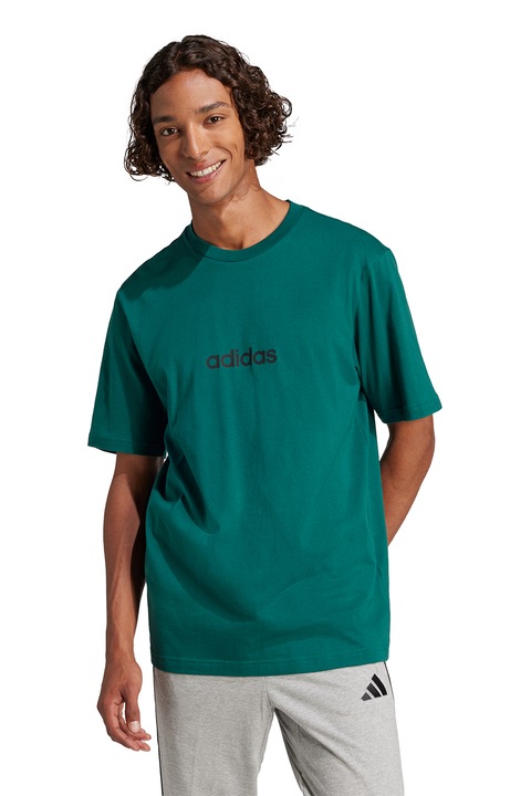adidas Sportswear, Tricou cu logo pe piept si decolteu la baza gatului, Negru/Verde englez