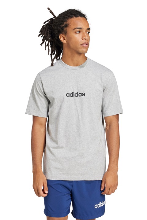 adidas Sportswear, Tricou cu logo pe piept si decolteu la baza gatului, Negru/Gri deschis melange