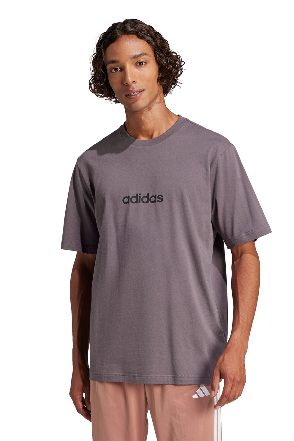 adidas Sportswear, Tricou cu logo pe piept si decolteu la baza gatului, Negru, Violet prafuit, S