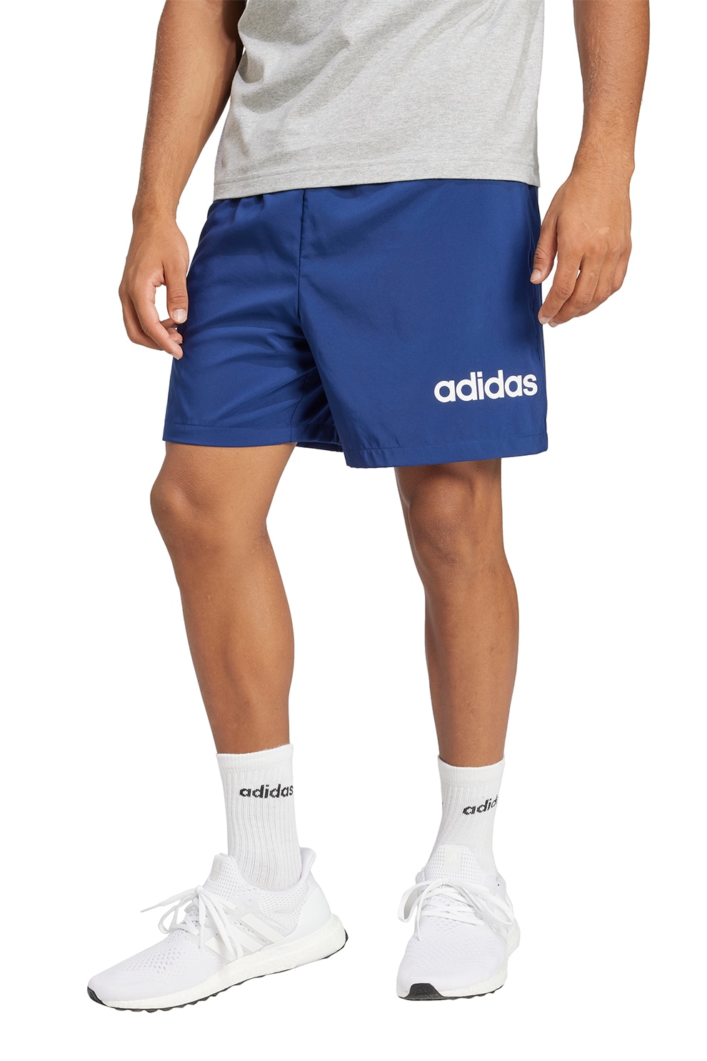 adidas Sportswear, Pantaloni scurti cu buzunare laterale si detaliu logo, Alb, Albastru inchis, L