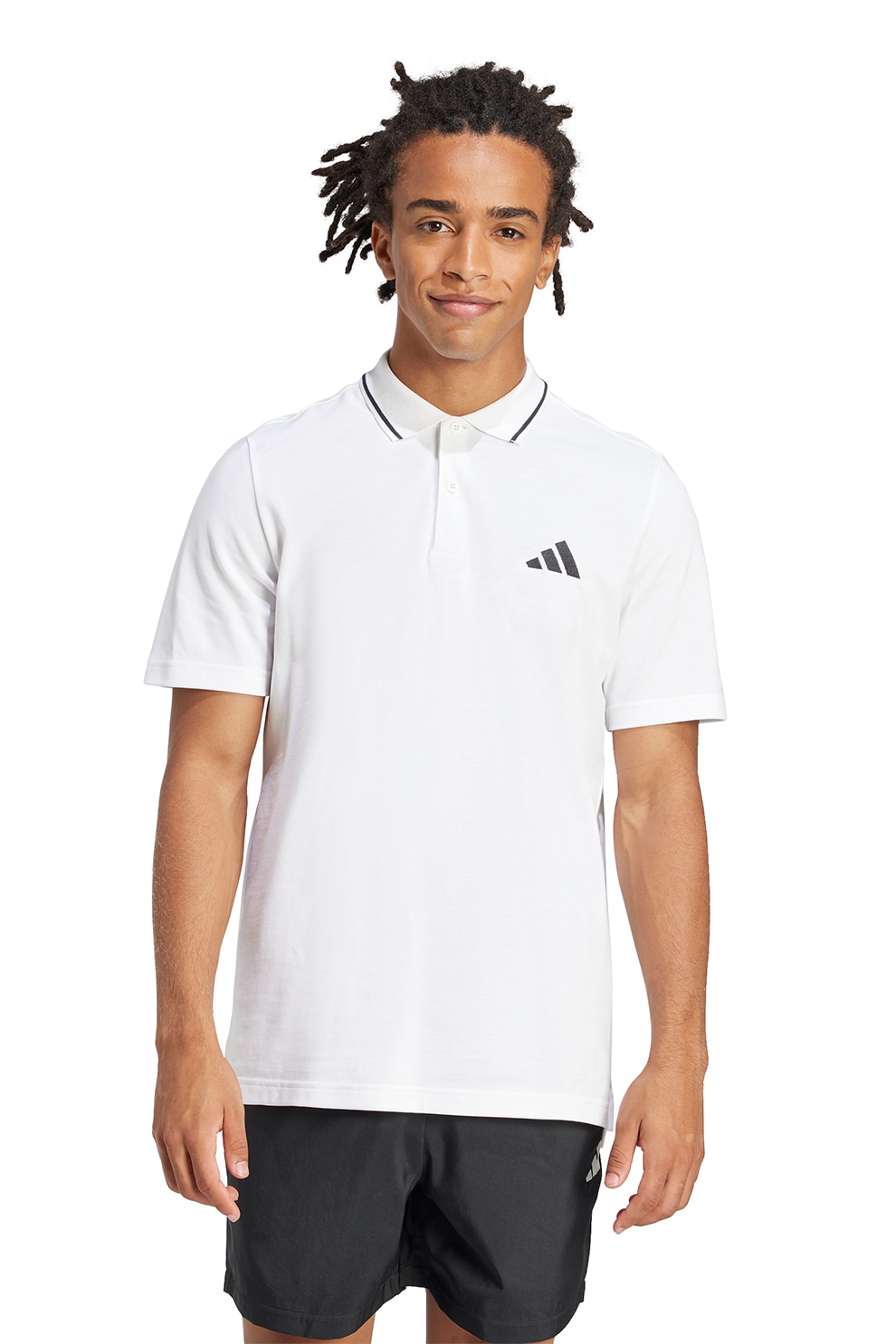 adidas Sportswear, Tricou polo de bumbac, Negru, Alb optic, S