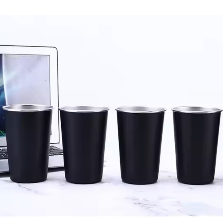 Set cadou KASAY, 4 pahare otel inoxidabil pentru picnic si camping, perfecte pentru cocktail / vin /cafea / limonade, negre, foarte rezistente, 350 ml