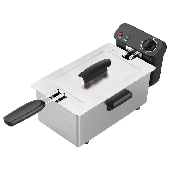 Elektromos olajsütő, Olajjal, Dobozos, 4L Űrtartalom, Állítható termosztát, rozsdamentes acél, 120°C-190°C, 2000W, Ezüst, 42 x 24 x 25 cm