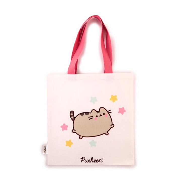 Geanta Tote bag, Pusheen the Cat, imprimeu Pisica si stele, 39 x 37 cm, Multicolor