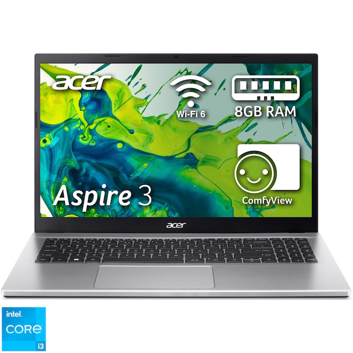 Acer Aspire 3 A315-59-34CX laptop Intel® Core™ i3-1215U processzorral akár 4,40 GHz-ig, 15,6", HD, 8 GB DDR4 RAM, 256 GB SSD, Intel® UHD videokártya, No OS, Ezüst