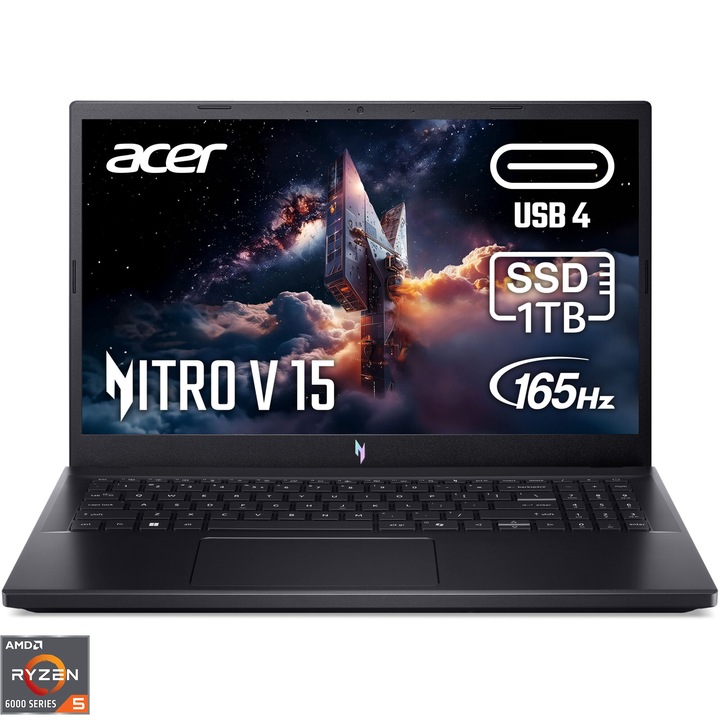 Лаптоп Gaming Acer Nitro V15 ANV15-41-R3VY, AMD Ryzen™ 5 6600H, 15.6'', Full HD, IPS, 165Hz, 16GB DDR5 RAM, 1TB SSD, NVIDIA® GeForce RTX™ 3050 6GB GDDR6, No OS, Obsidian Black