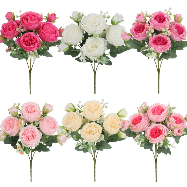 Комплект от 6 букета изкуствени божури многоцветни 30х20см