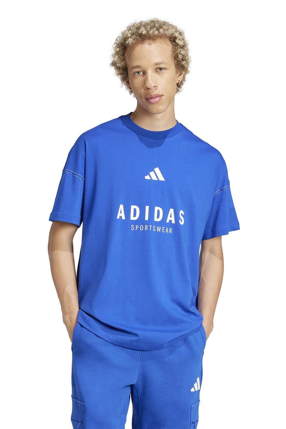 adidas Sportswear, Tricou cu decolteu la baza gatului si imprimeu logo, Albastru royal, S
