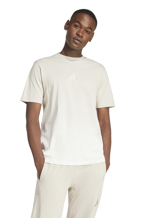 adidas Sportswear, Tricou cu decolteu la baza gatului si model monograma brodata, Alb murdar