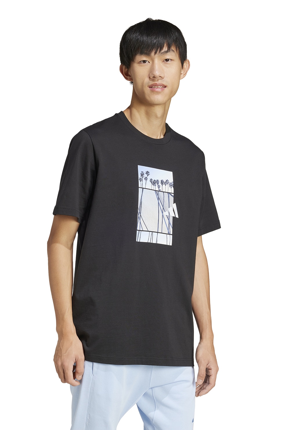 adidas Sportswear, Tricou lejer din bumbac Lens Elevated, Albastru deschis, Gri antracit, L