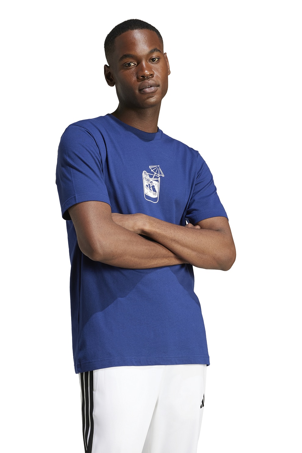 adidas Sportswear, Tricou unisex din bumbac cu decolteu la baza gatului, Alb, Albastru inchis, S