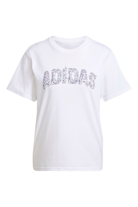 adidas Sportswear, Tricou cu decolteu la baza gatului si imprimeu logo, Alb/Bleumarin
