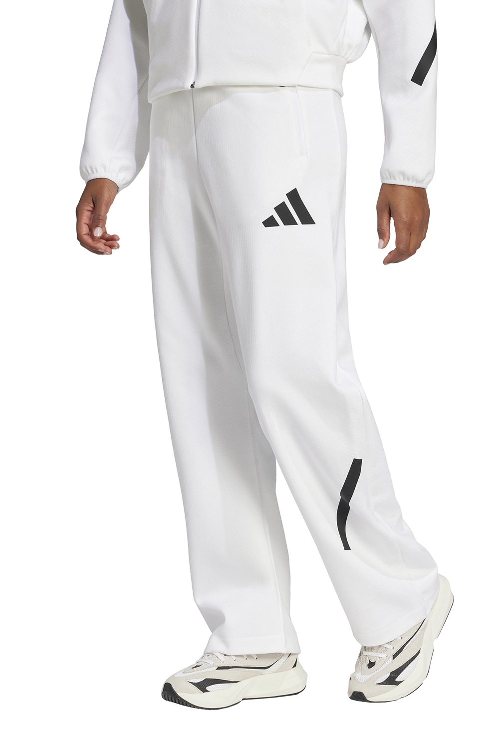 adidas Sportswear, Pantaloni de trening lejeri cu buzunare cu fermoar Z.N.E. Bar, Alb, Negru stins, M