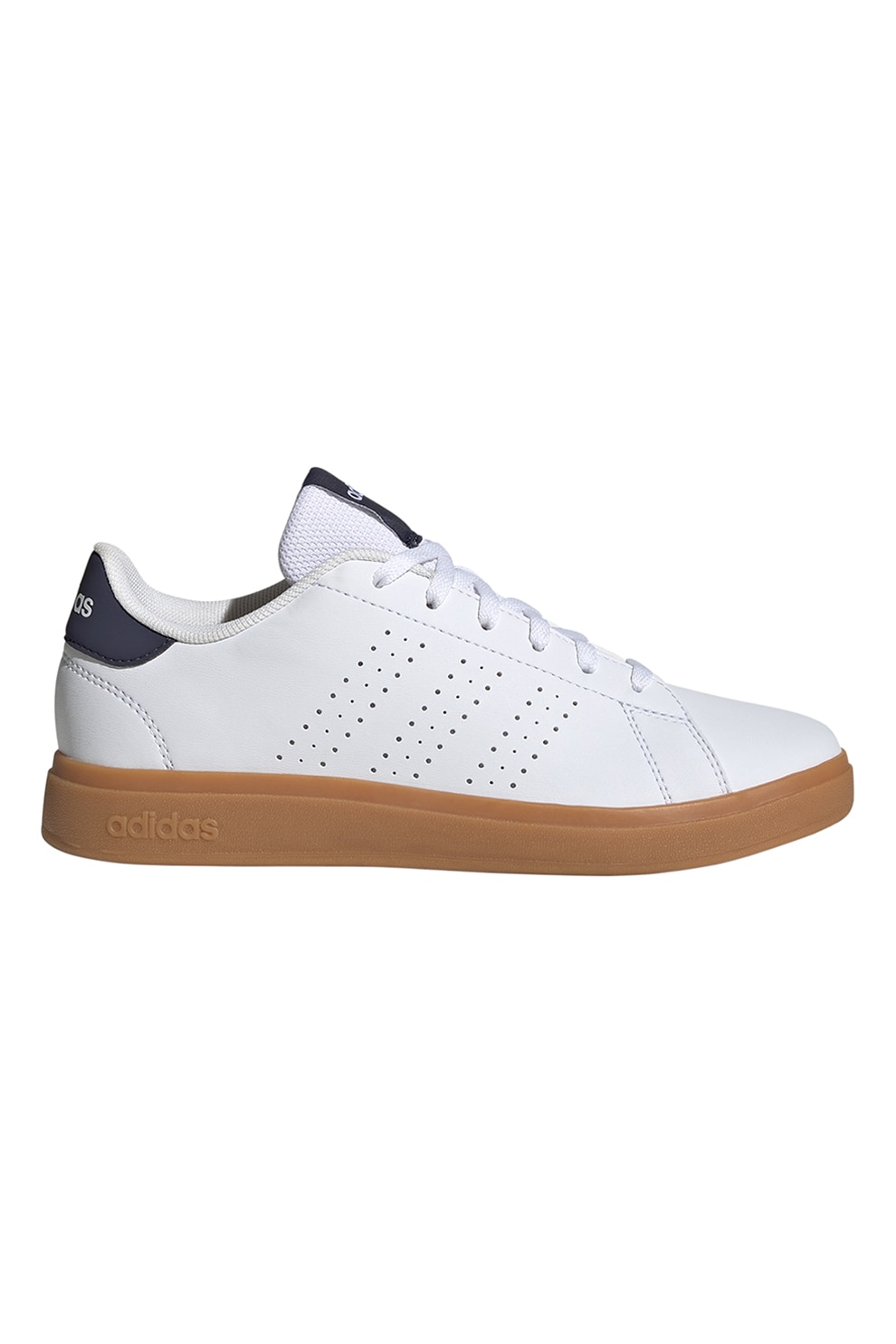 adidas Sportswear, Pantofi sport de piele ecologica cu perforatii Advantage Base 2.0, Alb optic, Bleumarin, 36 EU