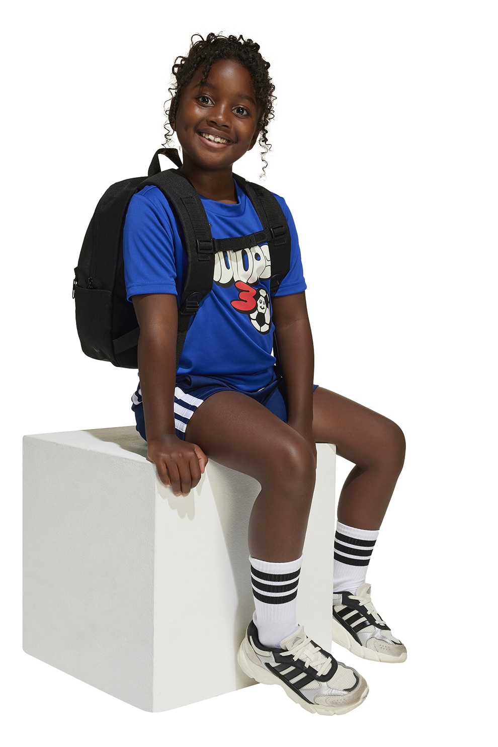 adidas Sportswear, Tricou cu imprimeu si pantaloni scurti, Albastru royal, Alb murdar, Bleumarin, 110 CM