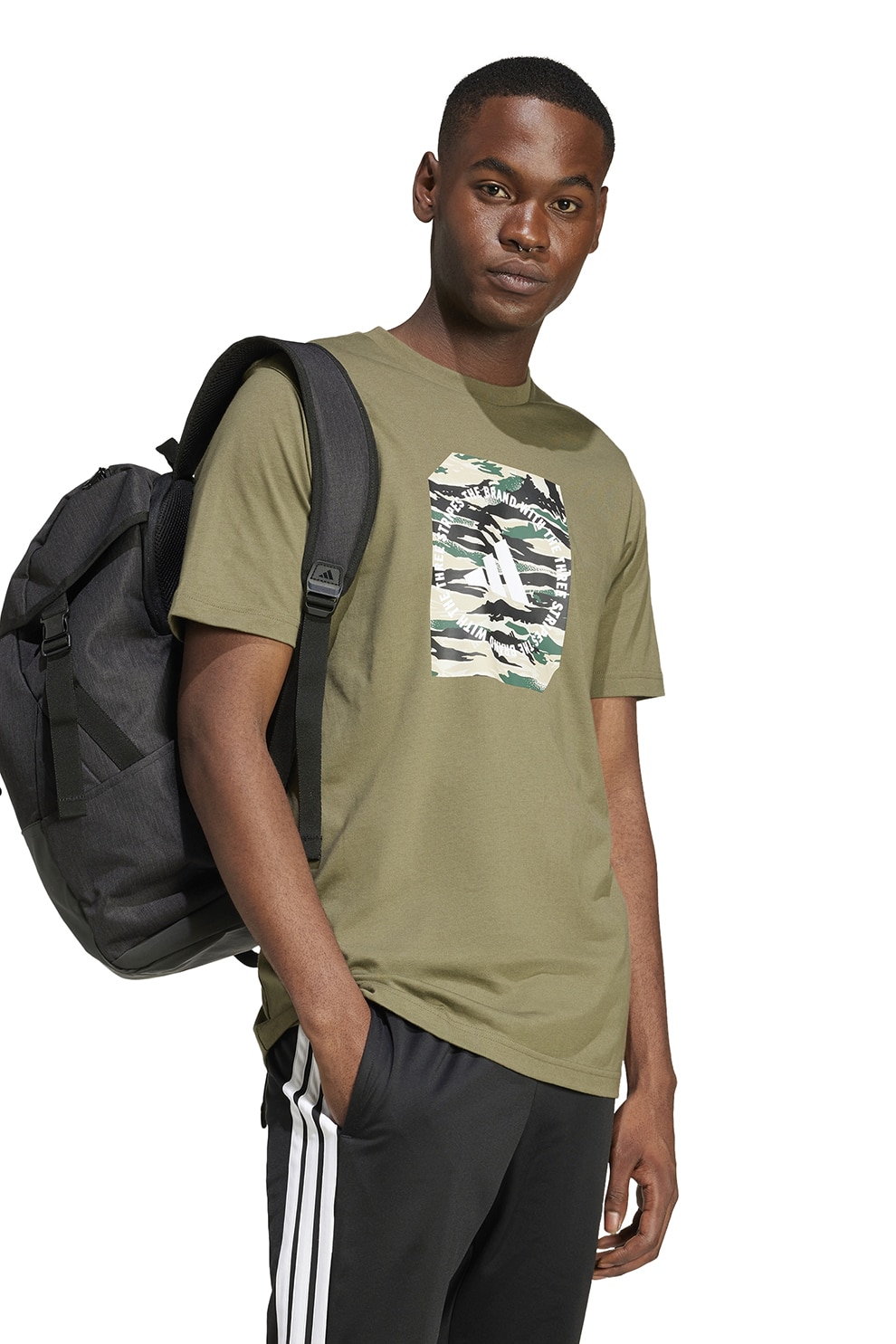 adidas Sportswear, Tricou cu decolteu la baza gatului si imprimeu logo, Verde, Kaki, L