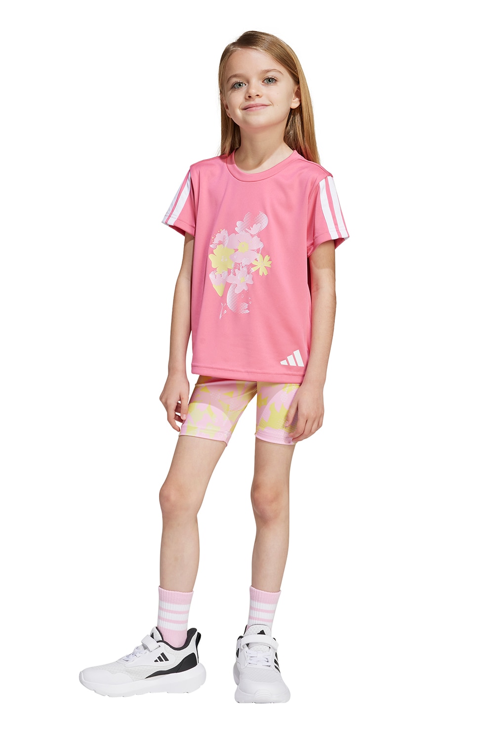 adidas Sportswear, Set de colanti si tricou cu model, Alb, Galben, Roz pastel, 104 CM