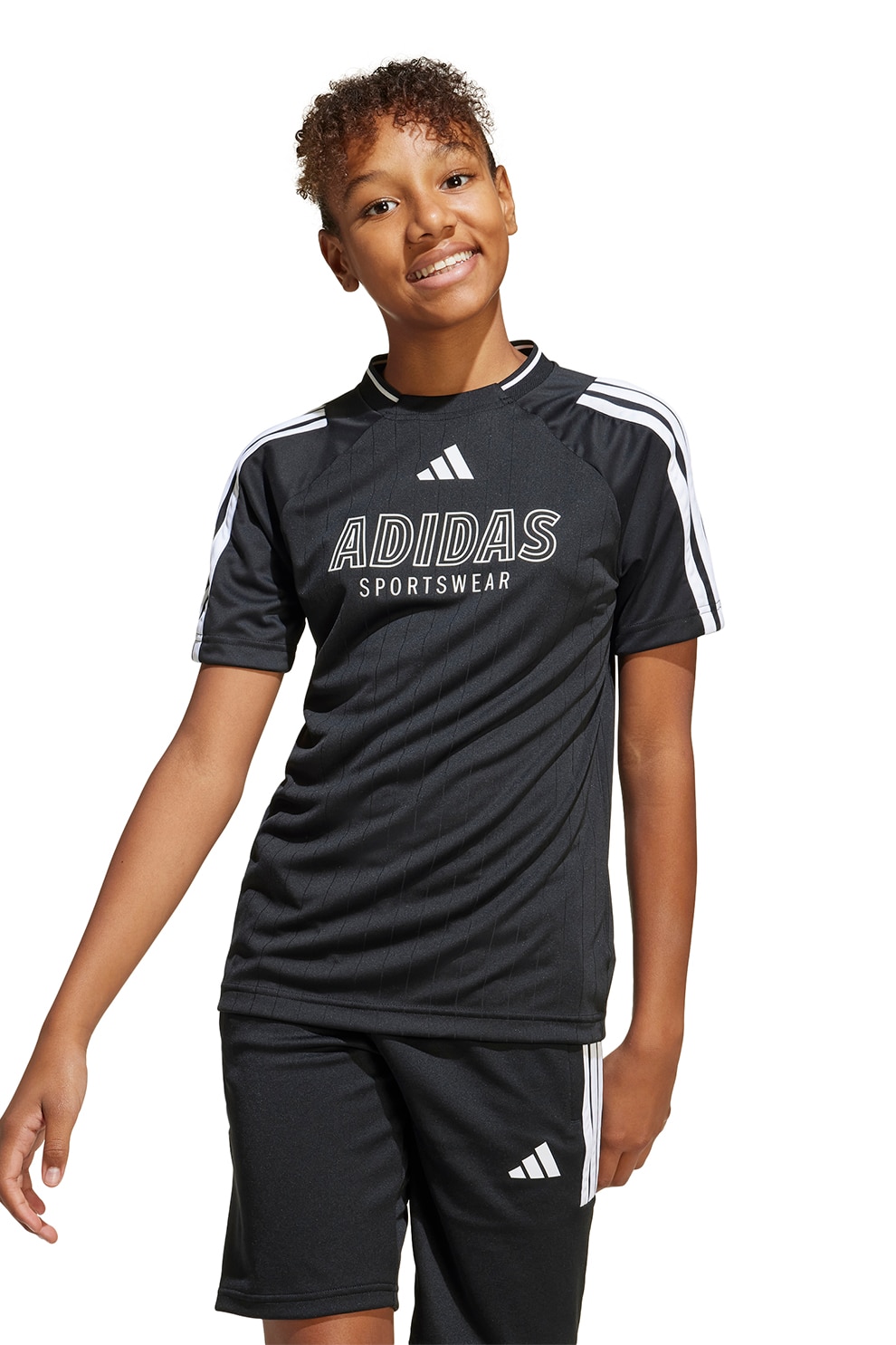 adidas Sportswear, Tricou cu logo si decolteu la baza gatului, Alb, Negru stins, 152 CM