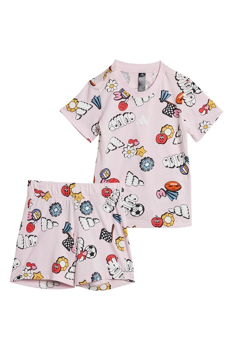 adidas Sportswear, Set de pantaloni scurti si tricou cu imprimeu - 2 piese, Alb/Galben pai/Roz pal