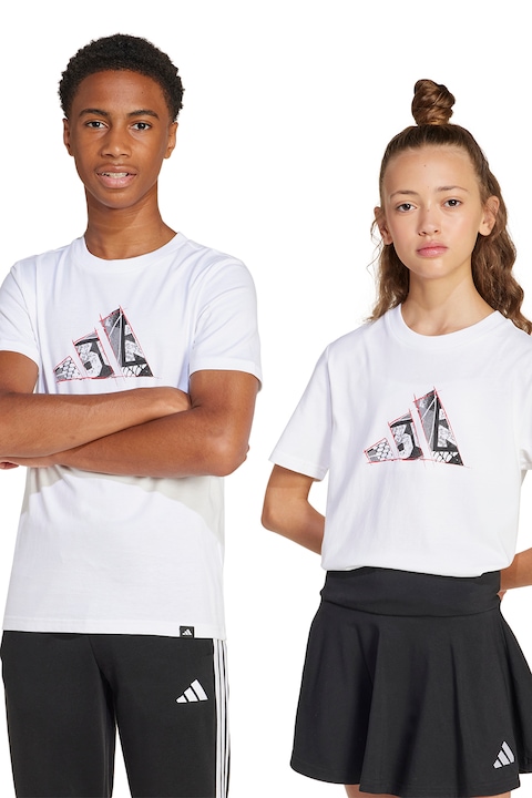 adidas Sportswear, Памучна тениска с лого, Бял/Tъмносив