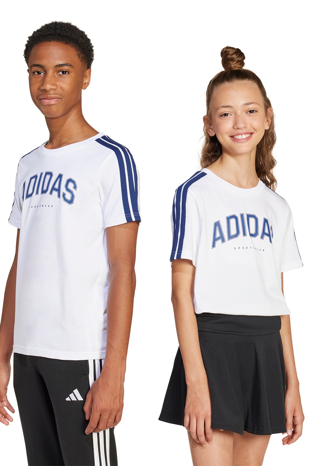 adidas Sportswear, Tricou cu decolteu la baza gatului si logo, Alb, Albastru inchis, 140 CM