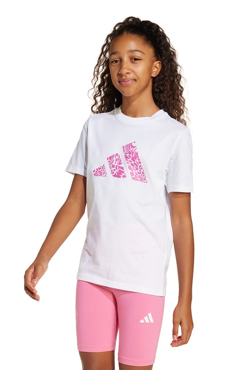 adidas Sportswear, Tricou din bumbac cu imprimeu, Alb/Fucsia