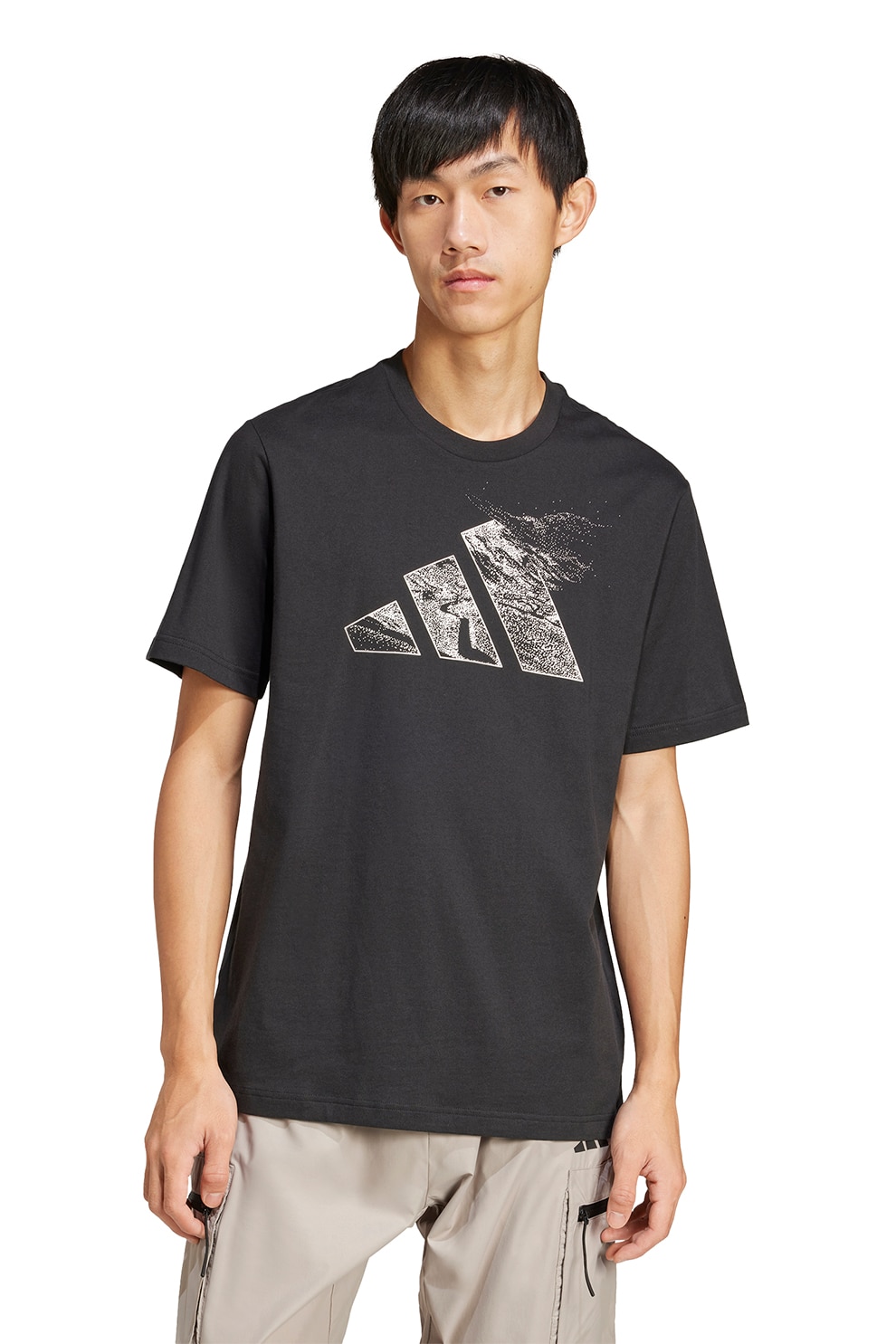 adidas Sportswear, Tricou din bumbac cu decolteu la baza gatului, Negru, Alb murdar, S