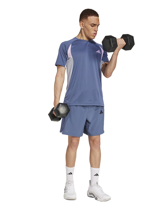 adidas Performance, Фитнес тениска с лого, Прашно синьо/Пепеляво сиво