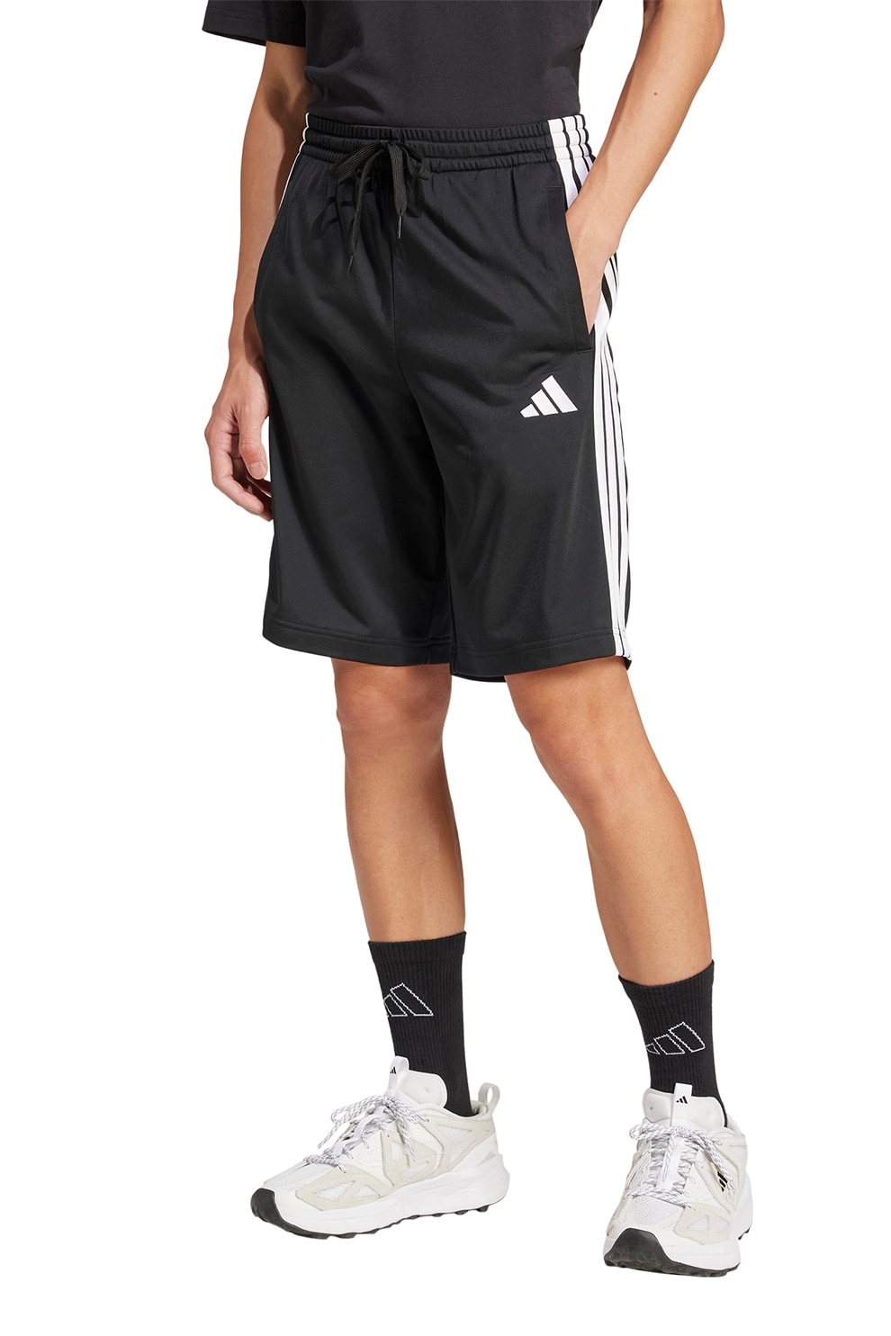 adidas Sportswear, Bermude cu talie inalta, Negru, Alb murdar, S