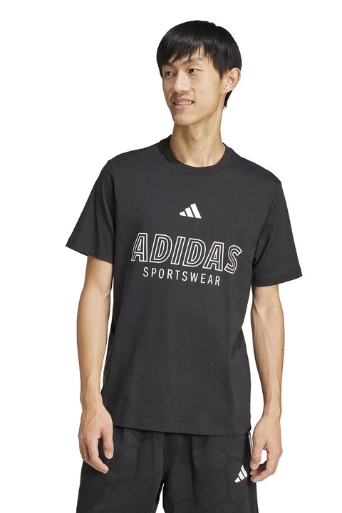 adidas Sportswear, Tricou cu imprimeu logo si decolteu la baza gatului, Negru