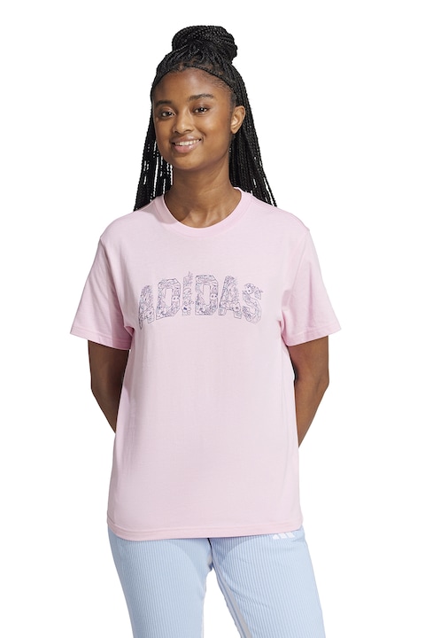 adidas Sportswear, Tricou cu decolteu la baza gatului si imprimeu logo, Roz deschis