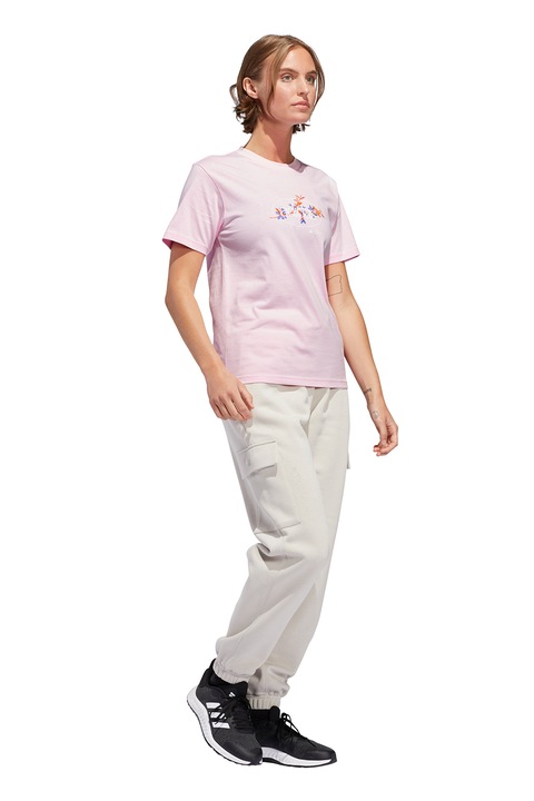 adidas Sportswear, Tricou cu imprimeu logo si decolteu la baza gatului, Portocaliu/Albastru inchis/Roz pastel