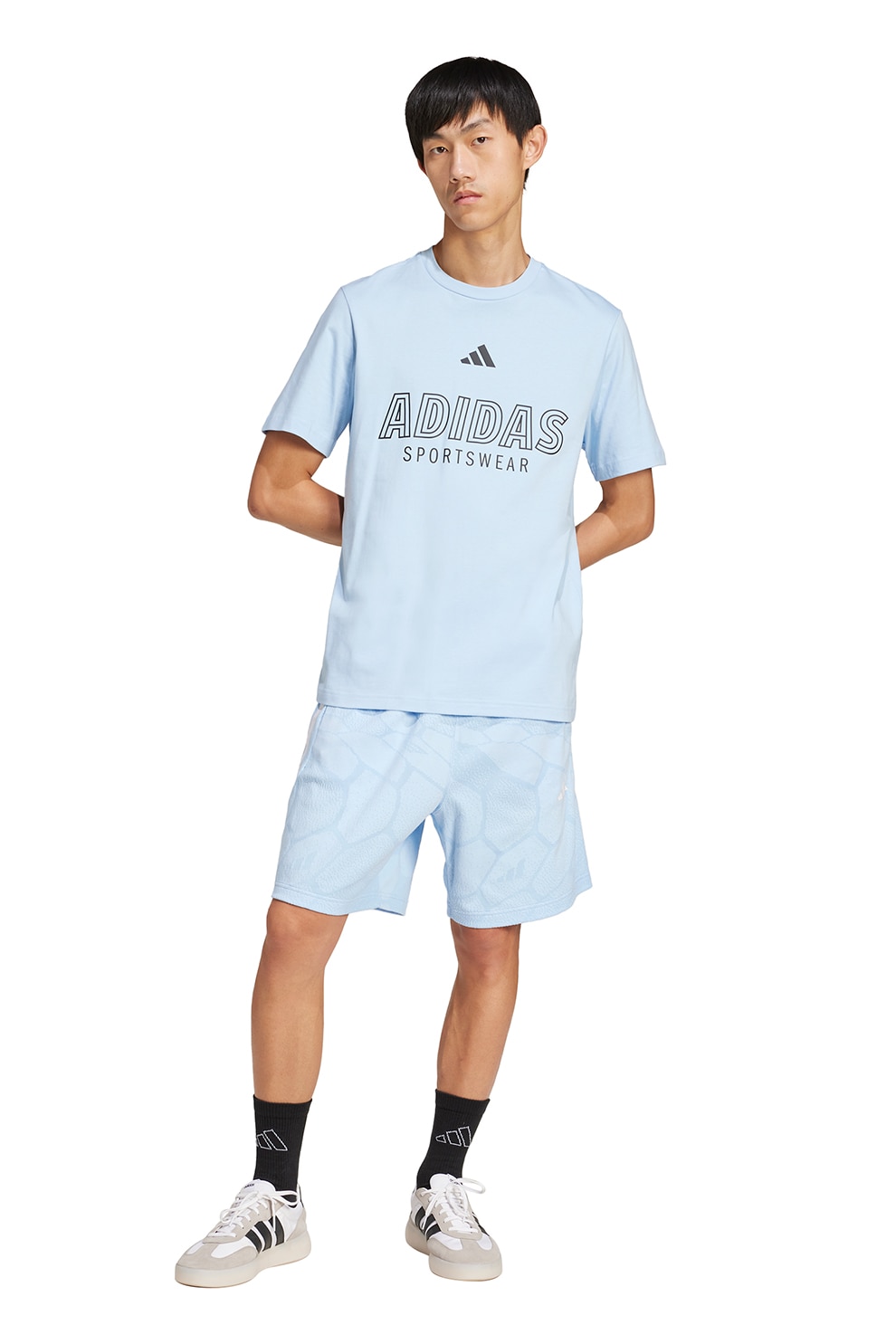 adidas Sportswear, Tricou cu imprimeu logo si decolteu la baza gatului, Albastru pastel, Negru stins, S