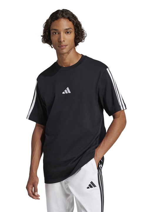 adidas Sportswear, Tricou cu decolteu la baza gatului si benzi logo pe maneci, Alb/Negru
