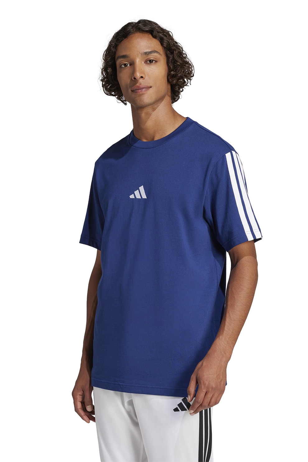adidas Sportswear, Tricou cu decolteu la baza gatului si benzi logo pe maneci, Alb, Albastru inchis, M