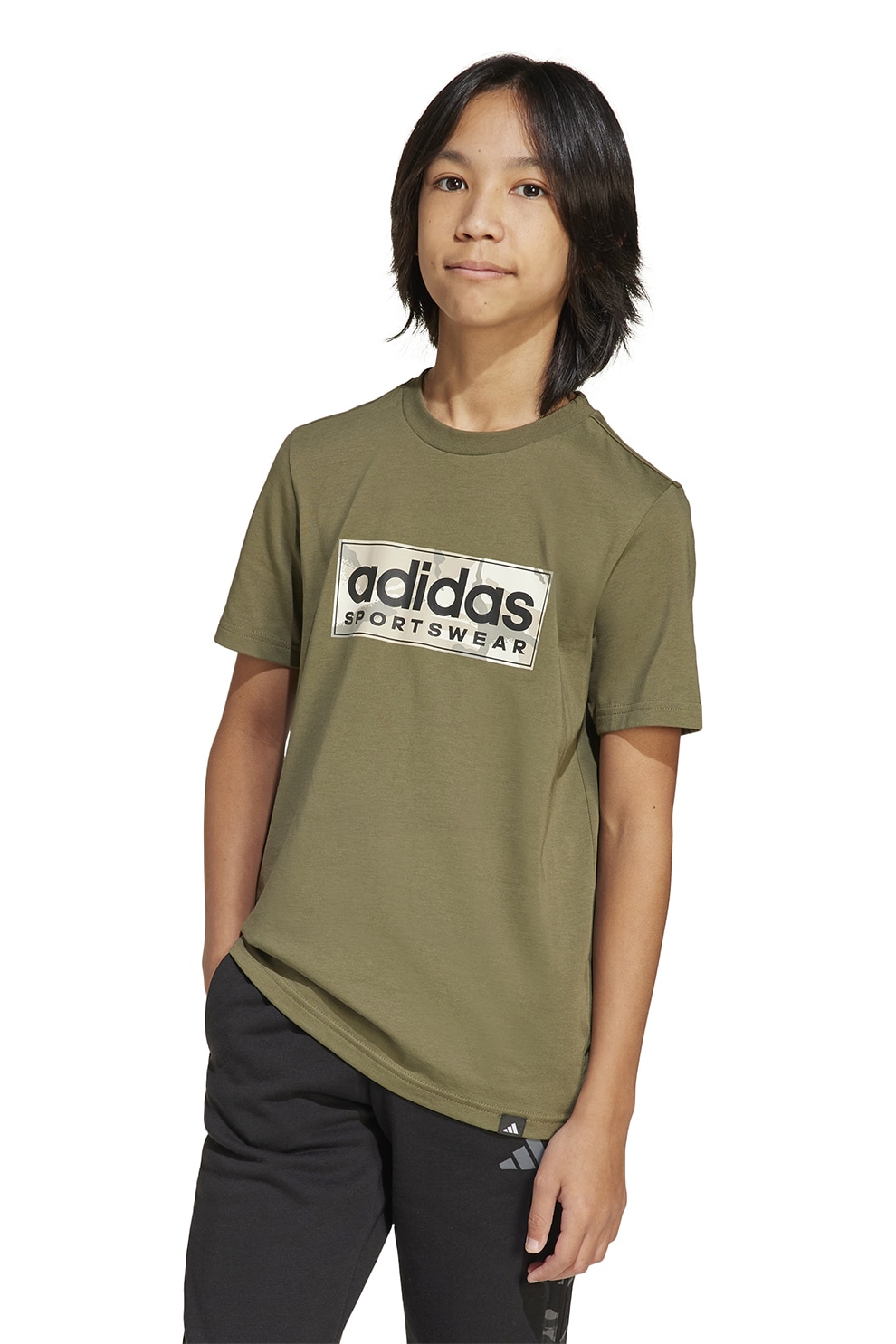 adidas Sportswear, Tricou din bumbac cu imprimeu logo Camo, Kaki, 128 CM