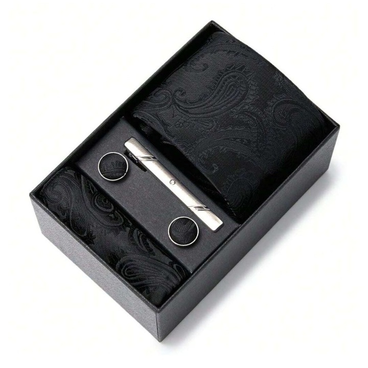 Set pentru barbati, include cravata, batista de buzunar, butoni, clema de cravata in design clasic, culoarea negru cu model, The Casius.®