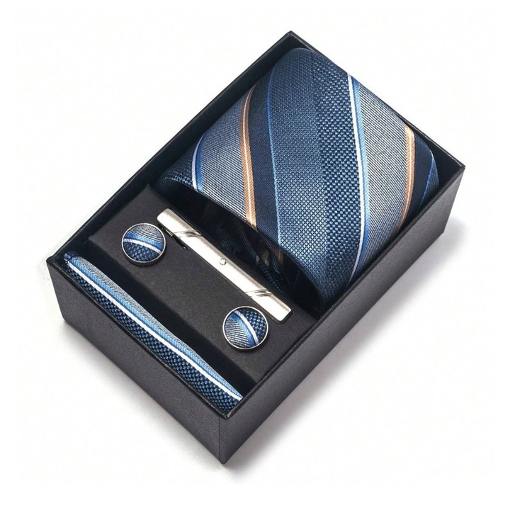 Set pentru barbati, include cravata, batista de buzunar, butoni, clema de cravata in design clasic, culoarea gri albastru, The Casius.®