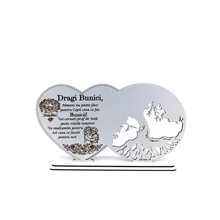 Decoratiune blank inima copacul vietii, personalizata cu mesaj standard pentru Bunici, "Dragi Bunici, nimeni nu poate face pentru copii ceea ce fac...", baza cu suport din lemn, Alb, 30X16cm