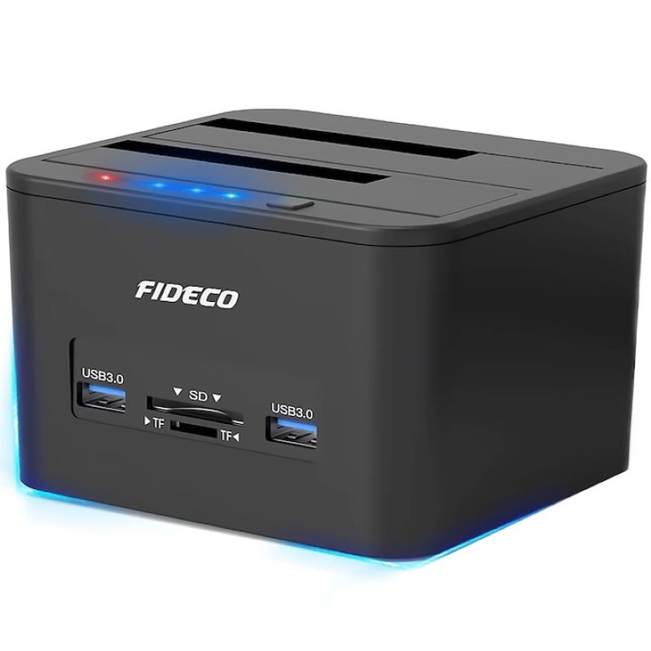 Statie de Ancorare Dubla pentru Hard Disk-uri si SSD-uri SATA I/II/III Z ZYNERA™ cu Hub USB 3.0 si Cititoare de Carduri SD/TF (MicroSD) - 2 Bay, Functie de Clonare Offline Rapida 1:1, Conectivitate USB 3.0 (5Gbps), Compatibilitate 2.5"/3.5, Fara Drivere