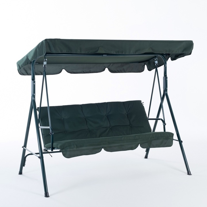 Balansoar Gradina AVIOR - 3 Locuri, Structura Metalica, Sezut Spatios 152 cm, Perna Verde Inchis, Acoperis Reglabil din Poliester