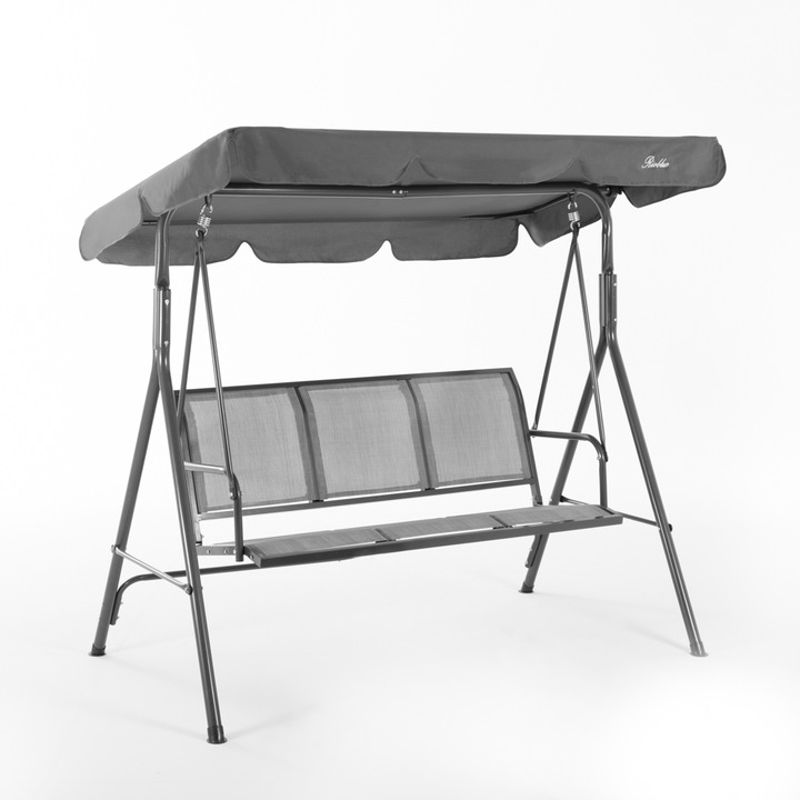 Градинска люлка POLARIS - 3 места, боядисана метална конструкция, текстилна седалка, регулируем покрив, сив цвят