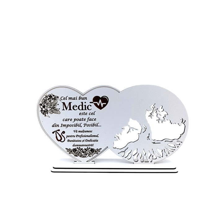 Decoratiune blank inima copacul vietii, personalizata cu mesaj standard pentru Medic "Cel mai bun Medic este cel care...", baza cu suport din lemn, Alb, 30X16cm